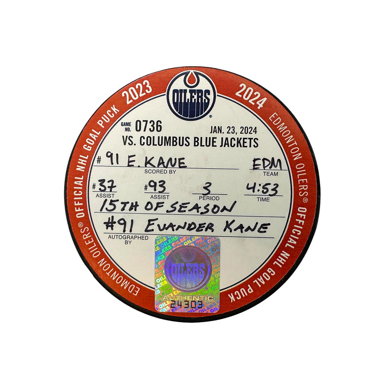 Evander Kane Edmonton Oilers Autographed Goal Puck - Jan. 23/2024 vs Columbus Blue Jackets #24303