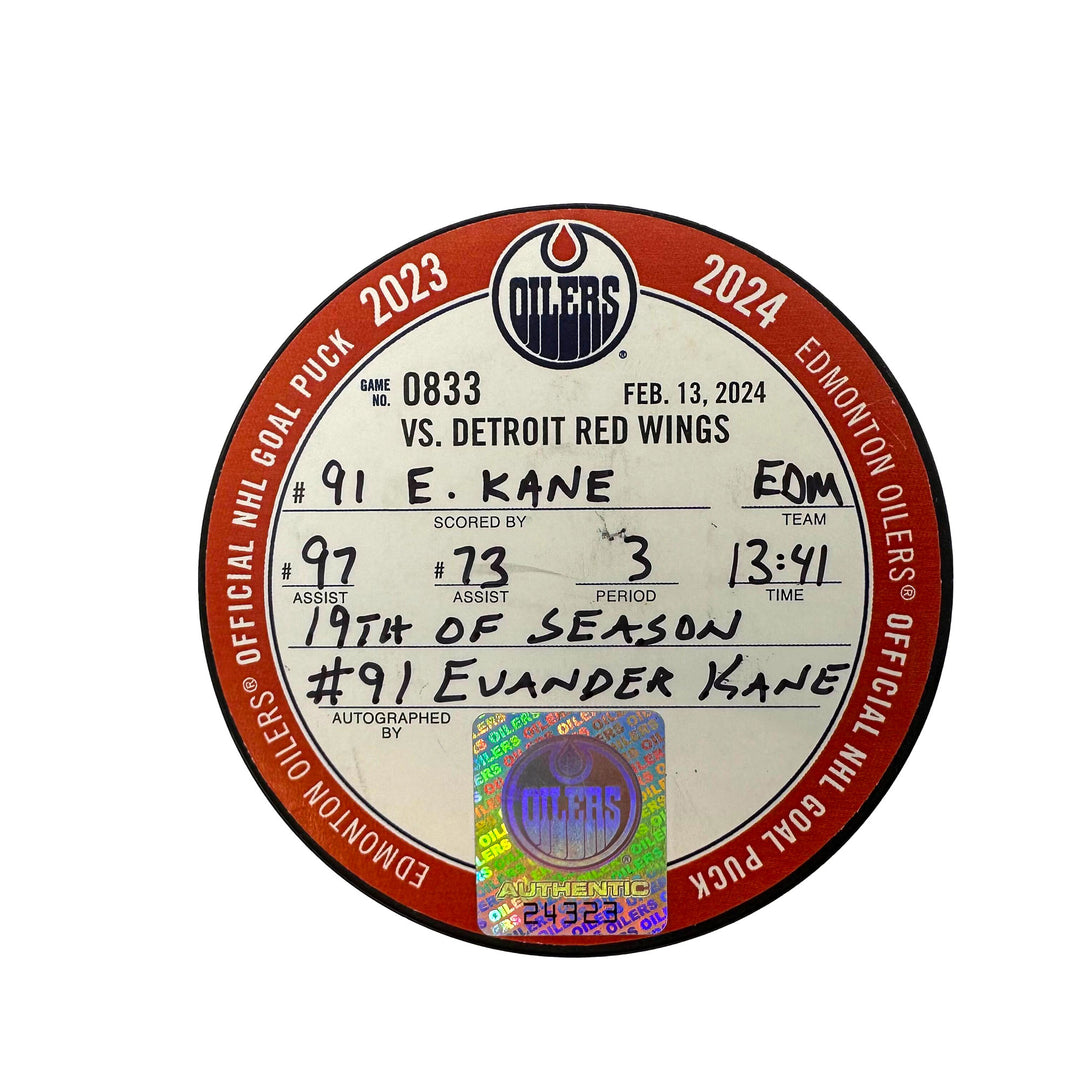 Evander Kane Edmonton Oilers Autographed Goal Puck - Feb. 13/2024 vs Detroit Red Wings #24323