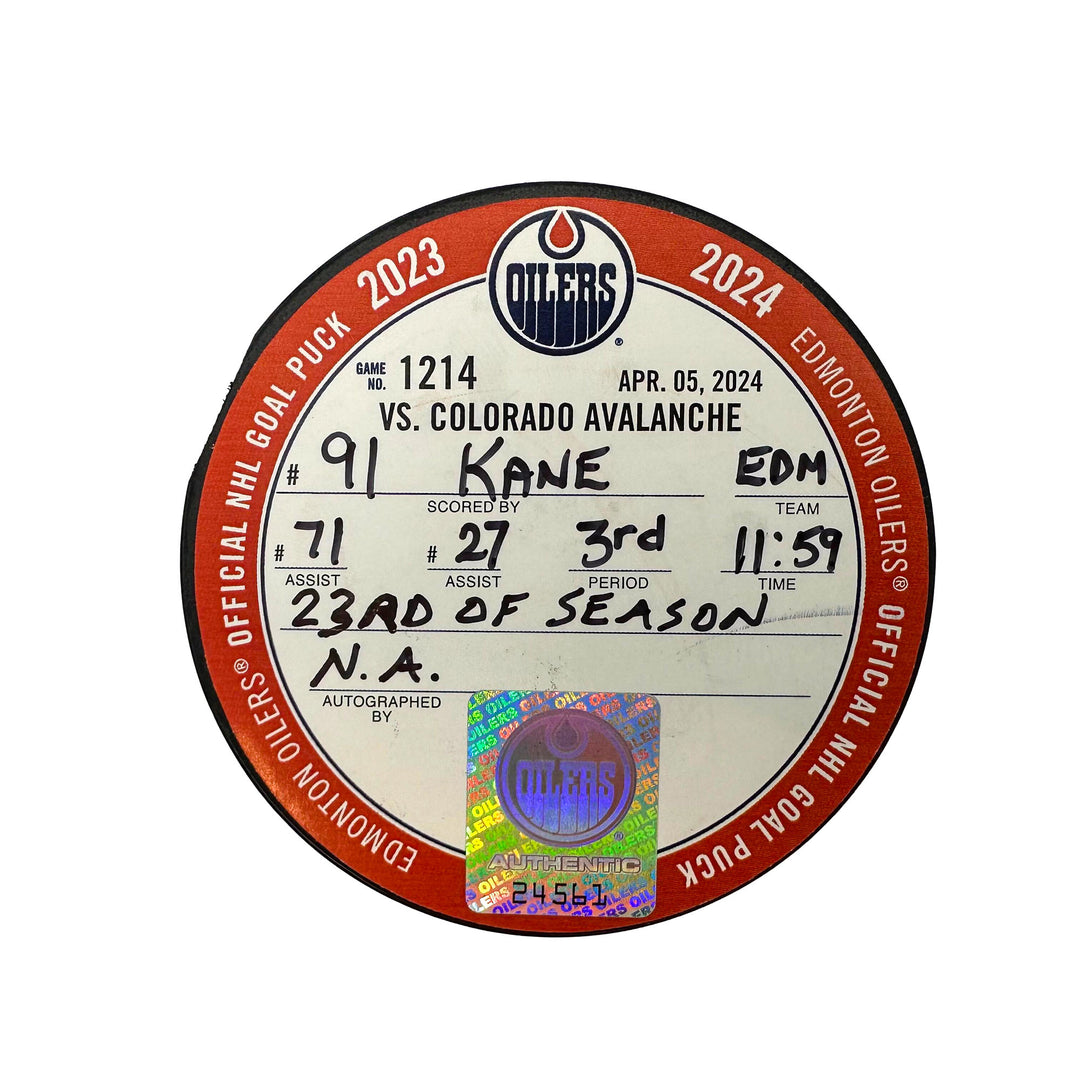 Evander Kane Edmonton Oilers Goal Puck - Apr. 5/2024 vs Colorado Avalanche #24561