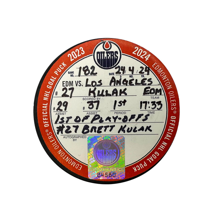 Brett Kulak Edmonton Oilers Autographed Playoff Goal Puck - Apr. 24/2024 vs Los Angeles Kings #24580