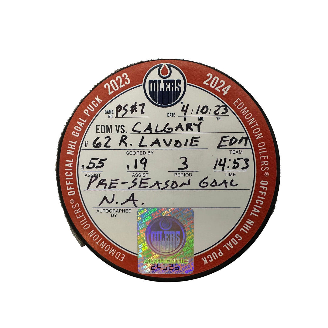 Raphael Lavoie Edmonton Oilers Preseason Goal Puck - Oct. 4/2023 vs Calgary Flames #24126