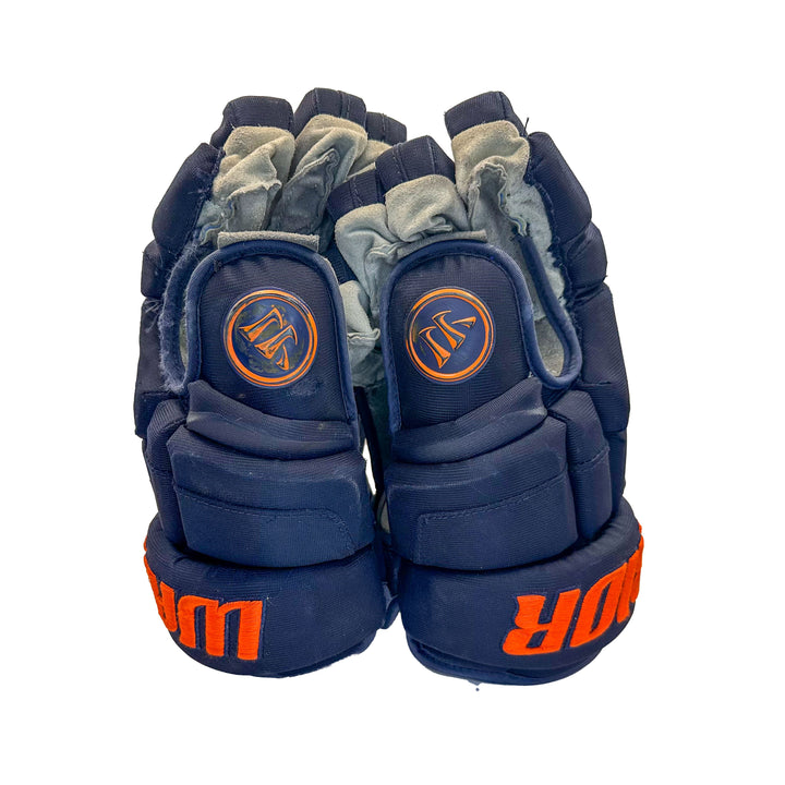 Leon Draisaitl Edmonton Oilers Signed Playoff Game Worn 2021-22 Warrior Navy Hockey Gloves #22303