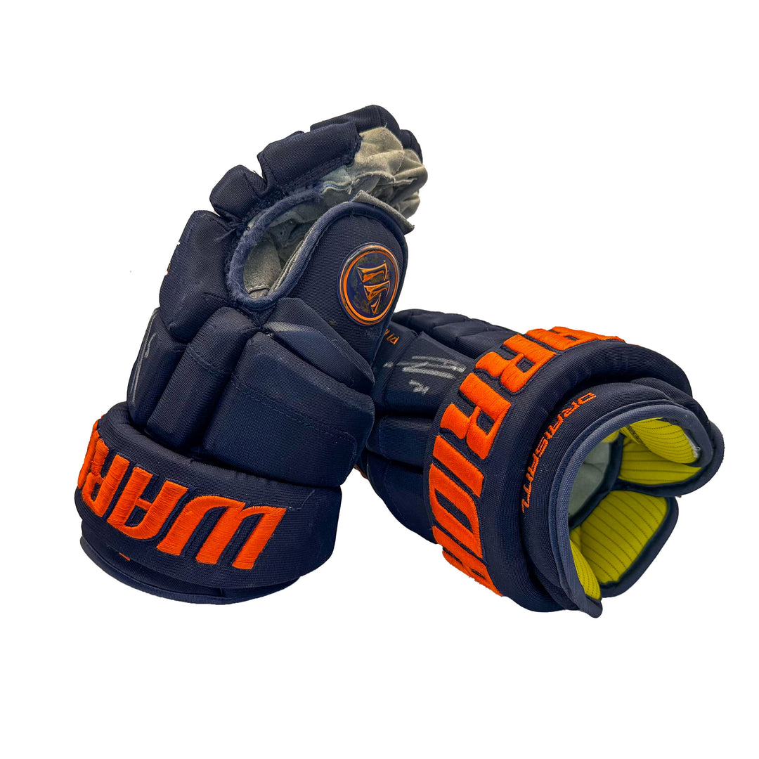 Leon Draisaitl Edmonton Oilers Signed Playoff Game Worn 2021-22 Warrior Navy Hockey Gloves #22303