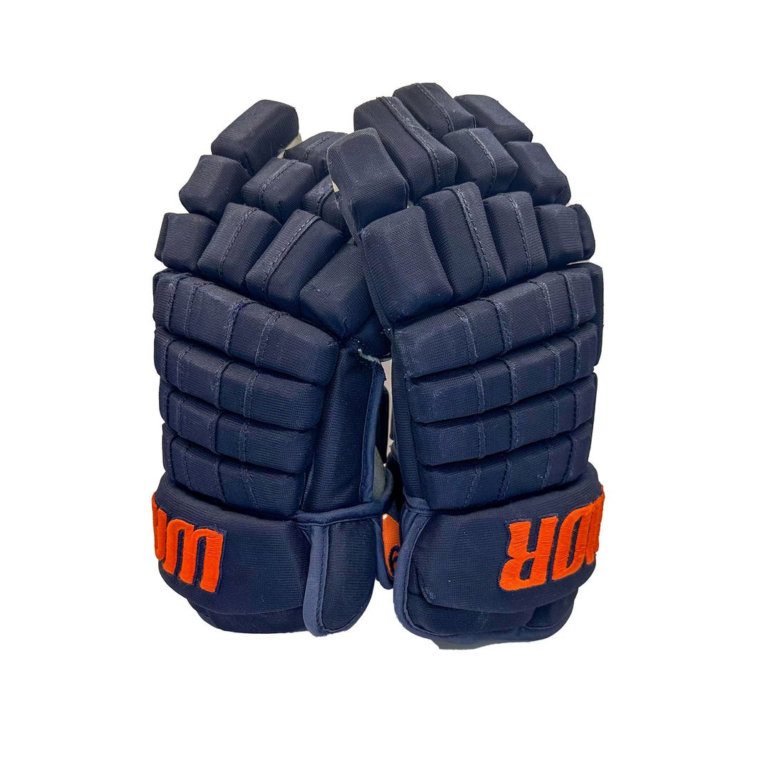 Leon Draisaitl Edmonton Oilers Signed Playoff Game Worn 2021-22 Warrior Navy Hockey Gloves #22303