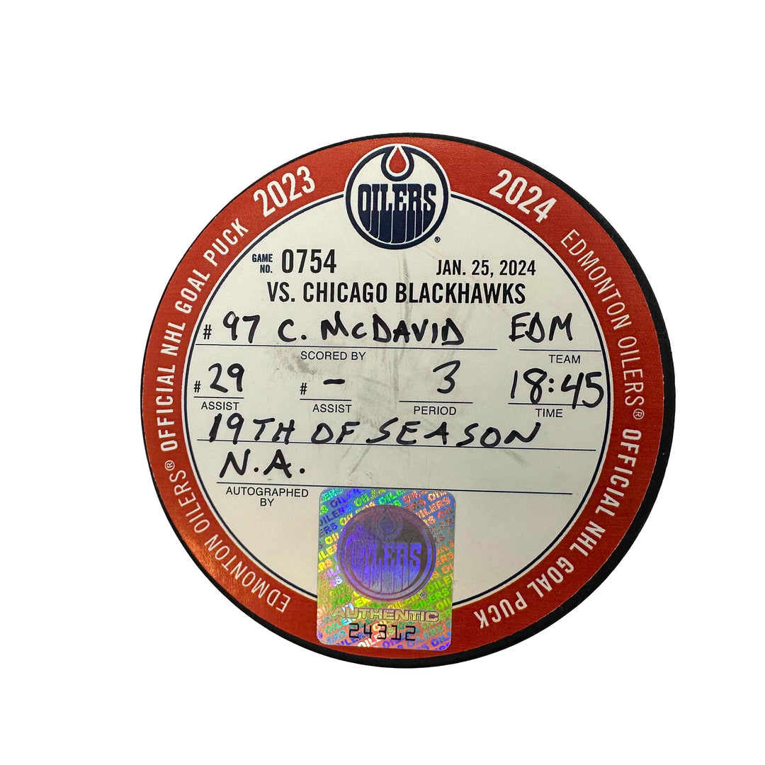 Connor McDavid Edmonton Oilers Goal Puck - Jan. 25/2024 vs Chicago Blackhawks #24312