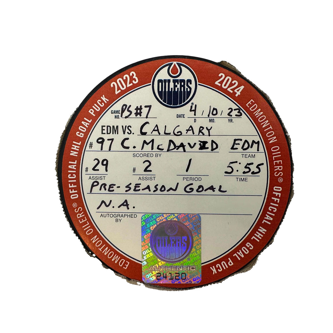 Connor McDavid Edmonton Oilers Preseason Goal Puck - Oct. 4/2023 vs Calgary Flames #24120