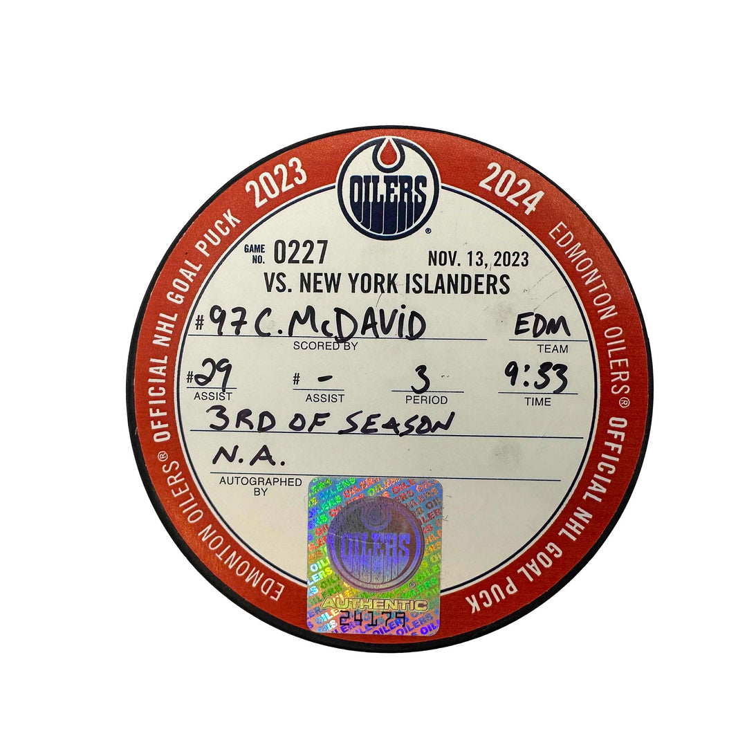 Connor McDavid Edmonton Oilers Goal Puck - Nov. 13/2023 vs New York Islanders #24179