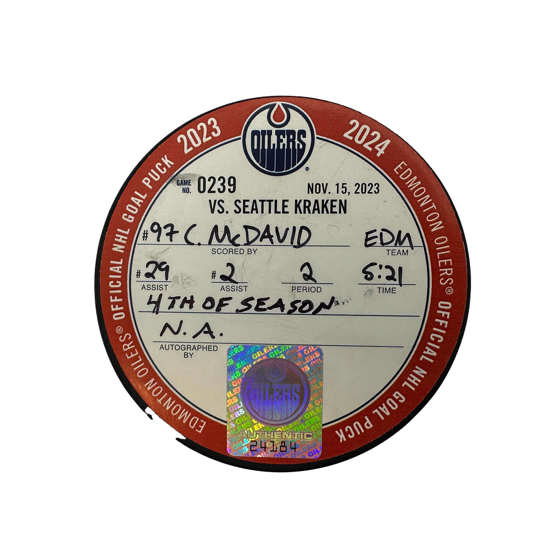 Connor McDavid Edmonton Oilers Goal Puck - Nov. 15/2023 vs Seattle Kraken #24184