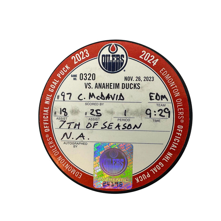 Connor McDavid Edmonton Oilers Goal Puck - Nov. 26/2023 vs Anaheim Ducks #24195