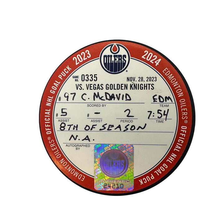 Connor McDavid Edmonton Oilers Goal Puck - Nov. 28/2023 vs Vegas Golden Knights #24210