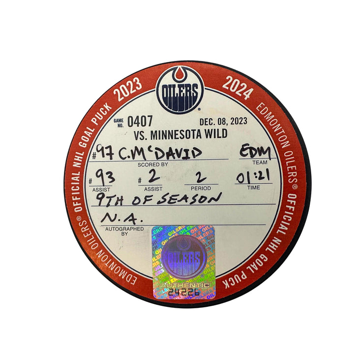 Connor McDavid Edmonton Oilers Goal Puck - Dec. 8/2023 vs Minnesota Wild #24226