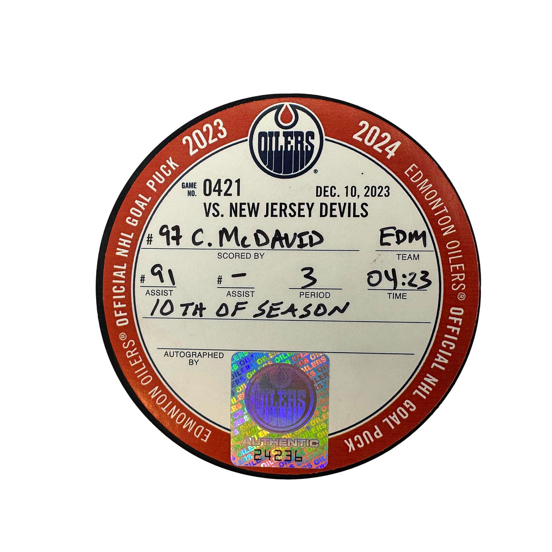 Connor McDavid Edmonton Oilers Goal Puck - Dec. 10/2023 vs New Jersey Devils #24236