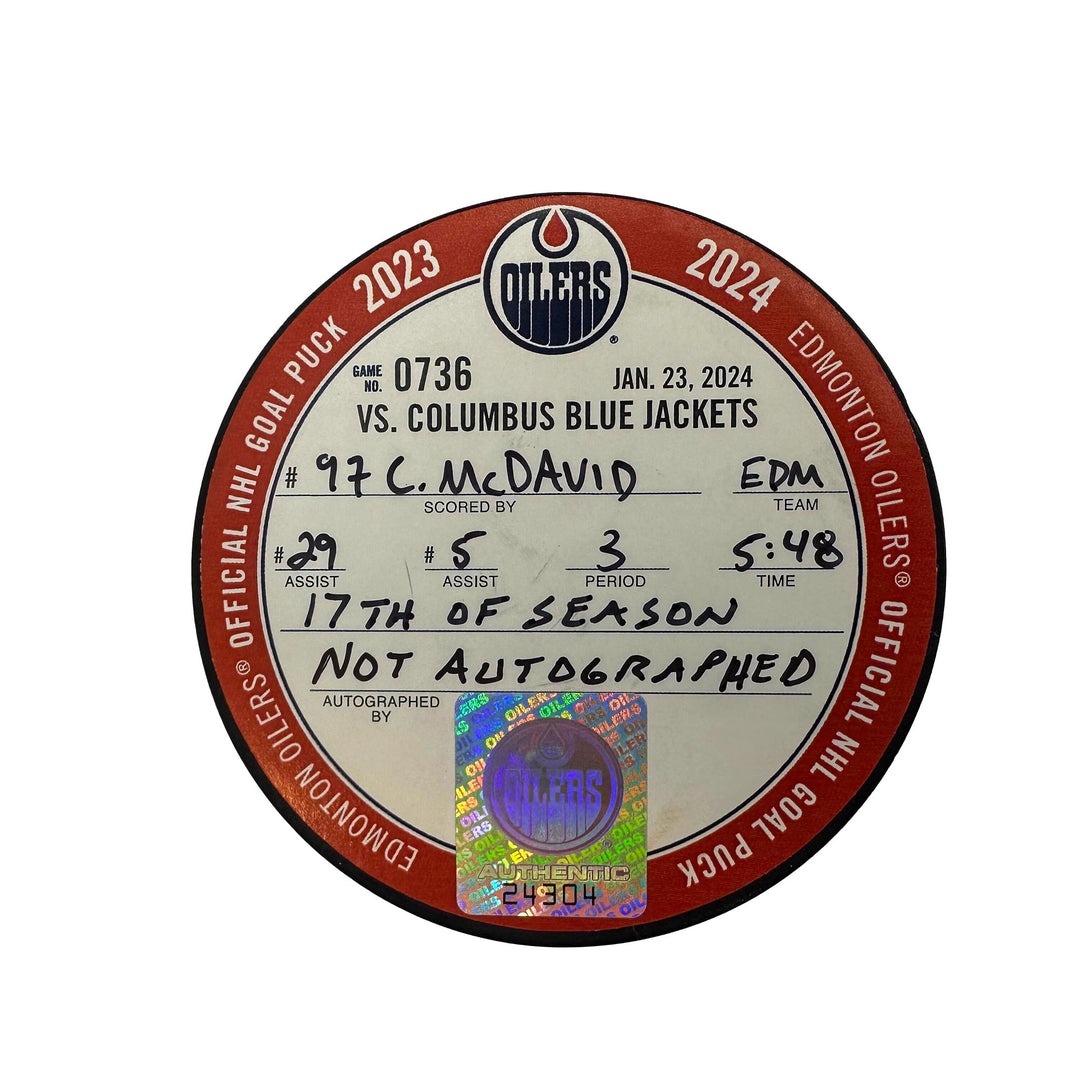 Connor McDavid Edmonton Oilers Goal Puck - Jan. 23/2024 vs Columbus Blue Jackets #24304