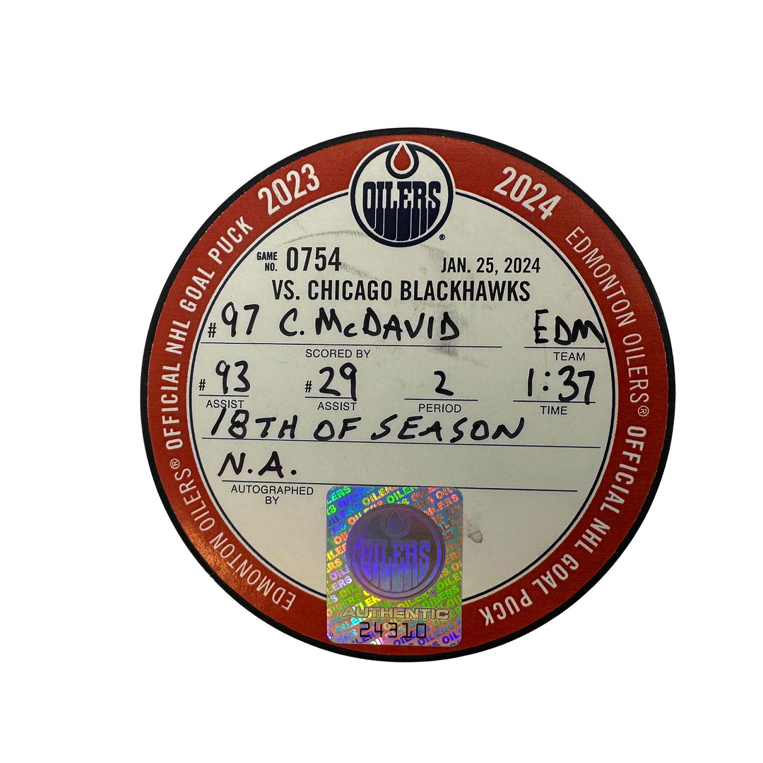 Connor McDavid Edmonton Oilers Goal Puck - Jan. 25/2024 vs Chicago Blackhawks #24310