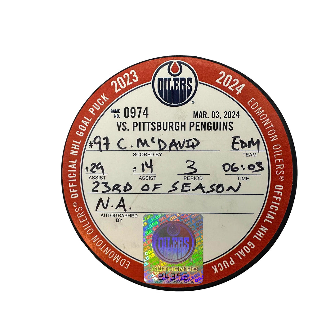 Connor McDavid Edmonton Oilers Goal Puck - Mar. 3/2024 vs Pittsburgh Penguins #24393