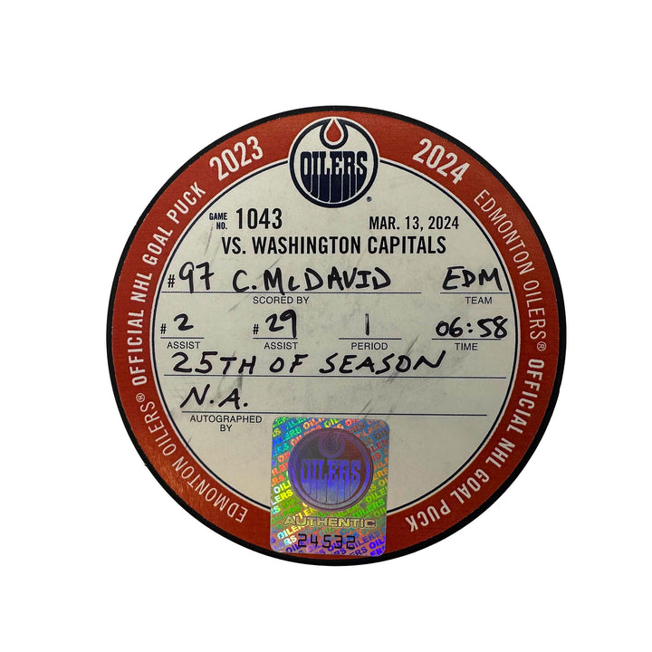 Connor McDavid Edmonton Oilers Goal Puck - Mar. 13/2024 vs Washington Capitals #24532