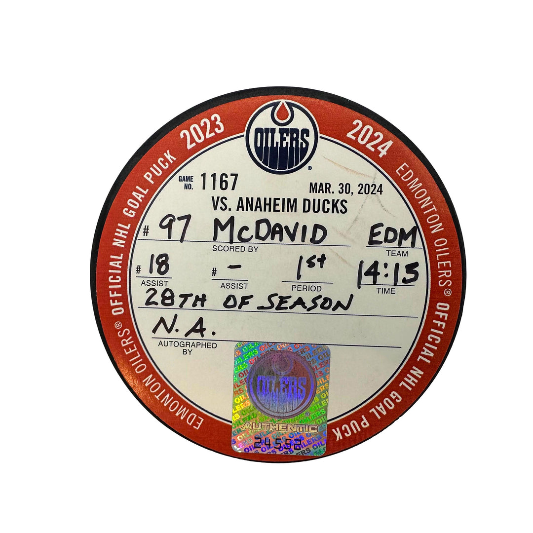 Connor McDavid Edmonton Oilers Goal Puck - Mar. 30/2024 vs Anaheim Ducks #24552