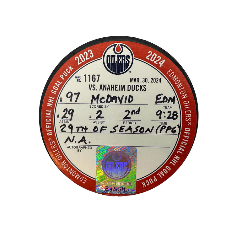 Connor McDavid Edmonton Oilers Goal Puck - Mar. 30/2024 vs Anaheim Ducks #24554