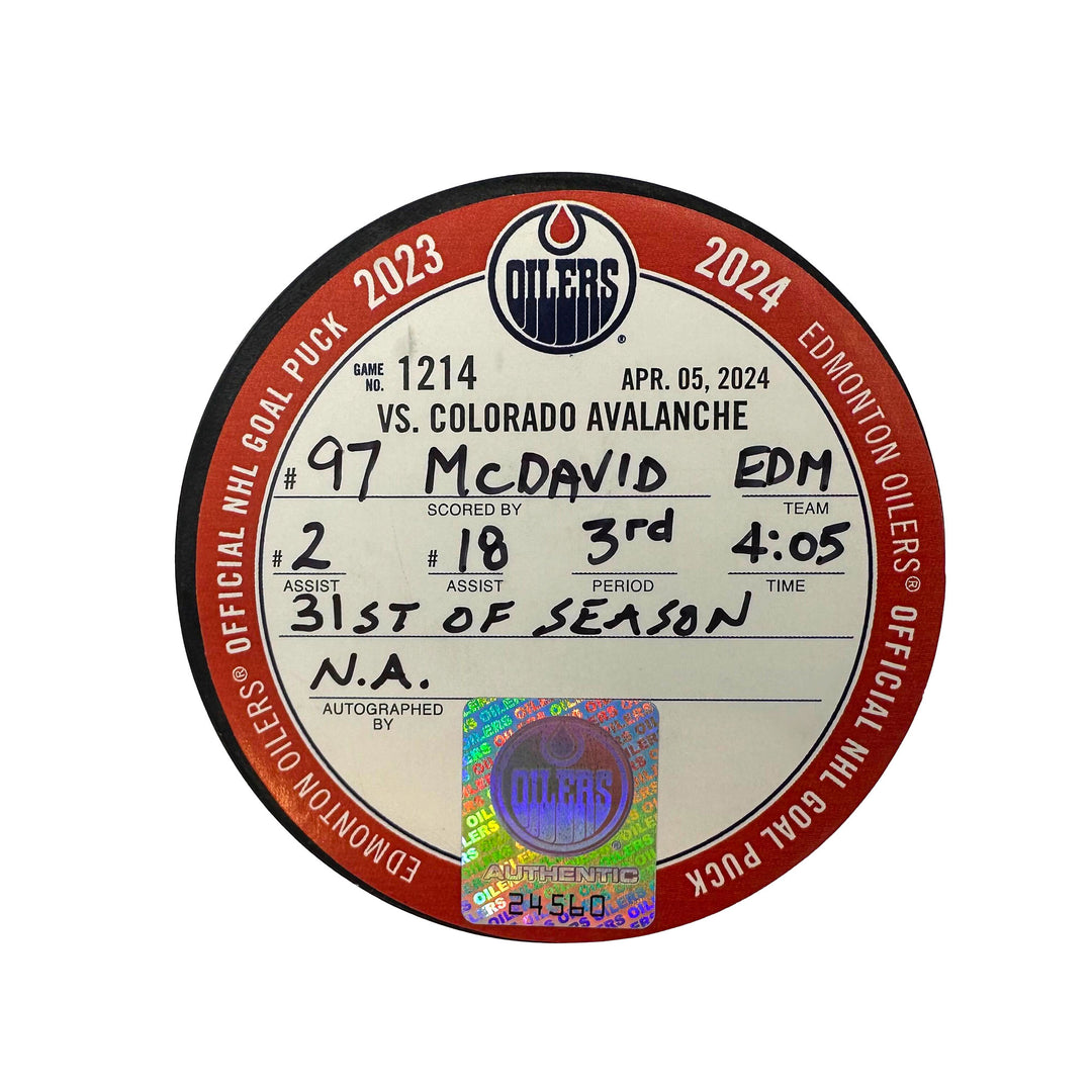 Connor McDavid Edmonton Oilers Goal Puck - Apr. 5/2024 vs Colorado Avalanche #24560