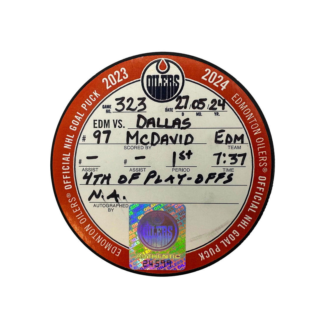 Connor McDavid Edmonton Oilers Playoff Goal Puck - May. 27/2024 vs Dallas Stars #24599