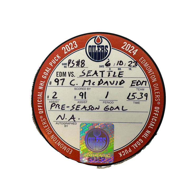 Connor McDavid Edmonton Oilers Preseason Goal Puck - Oct. 6/2023 vs Seattle Kraken #24127