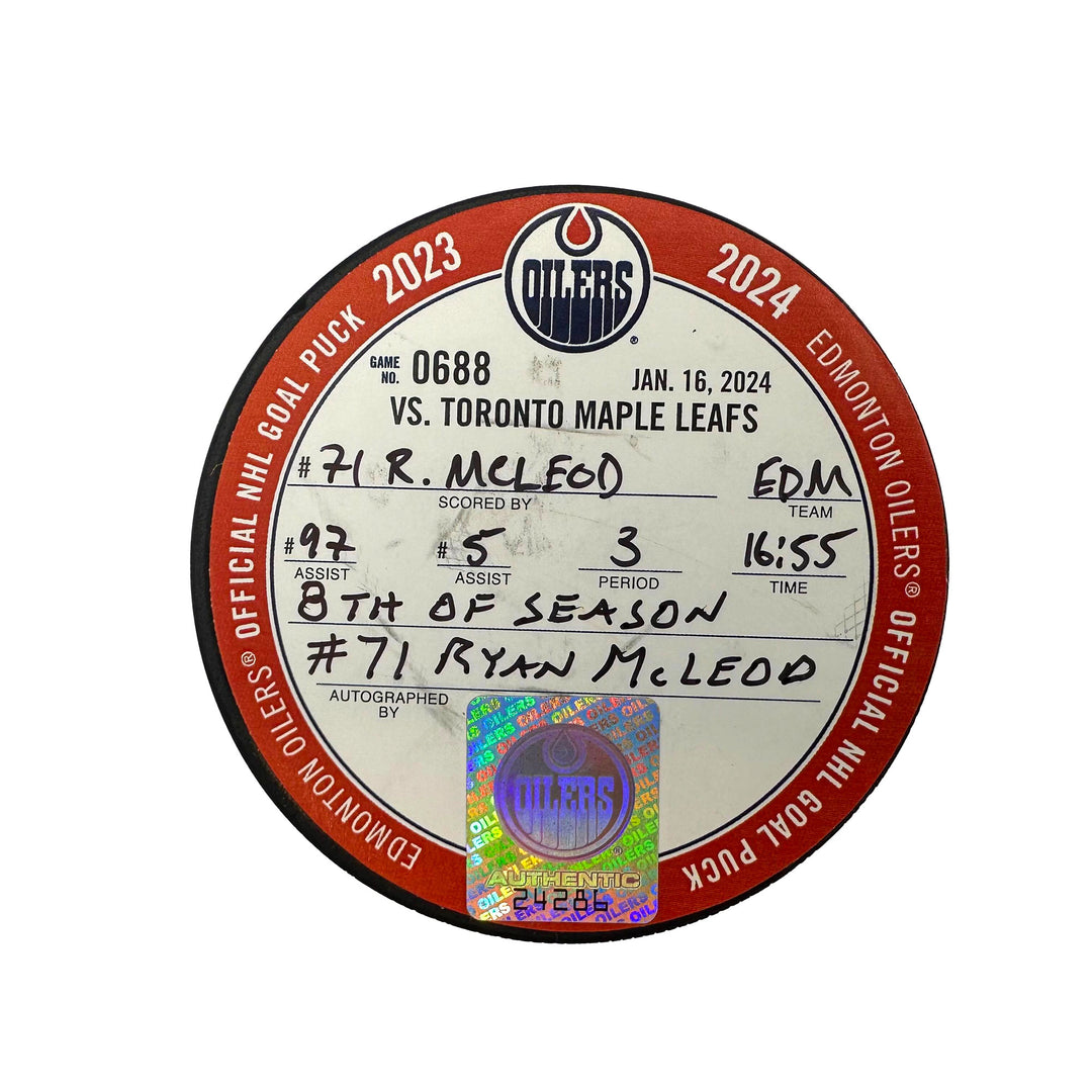 Ryan McLeod Edmonton Oilers Autographed Goal Puck - Jan. 16/2024 vs Toronto Maple Leafs #24286