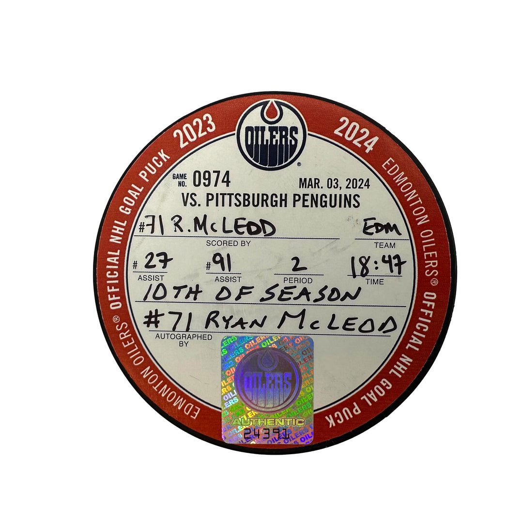 Ryan McLeod Edmonton Oilers Autographed Goal Puck - Mar. 3/2024 vs Pittsburgh Penguins #24391