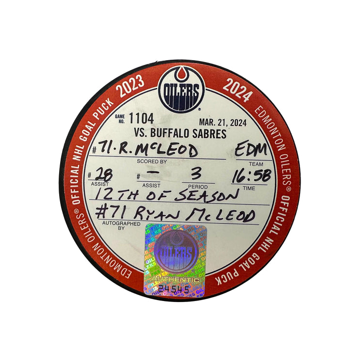 Ryan McLeod Edmonton Oilers Autographed Goal Puck - Mar. 21/2024 vs Buffalo Sabres #24545