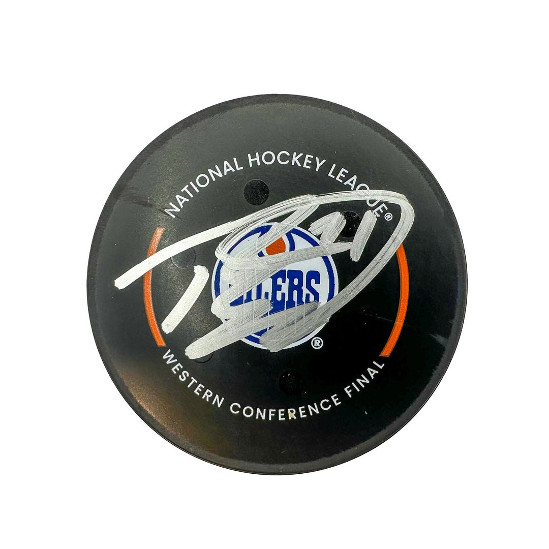 Ryan McLeod Edmonton Oilers Autographed Playoff Goal Puck - May. 29/2024 vs Dallas Stars #24601