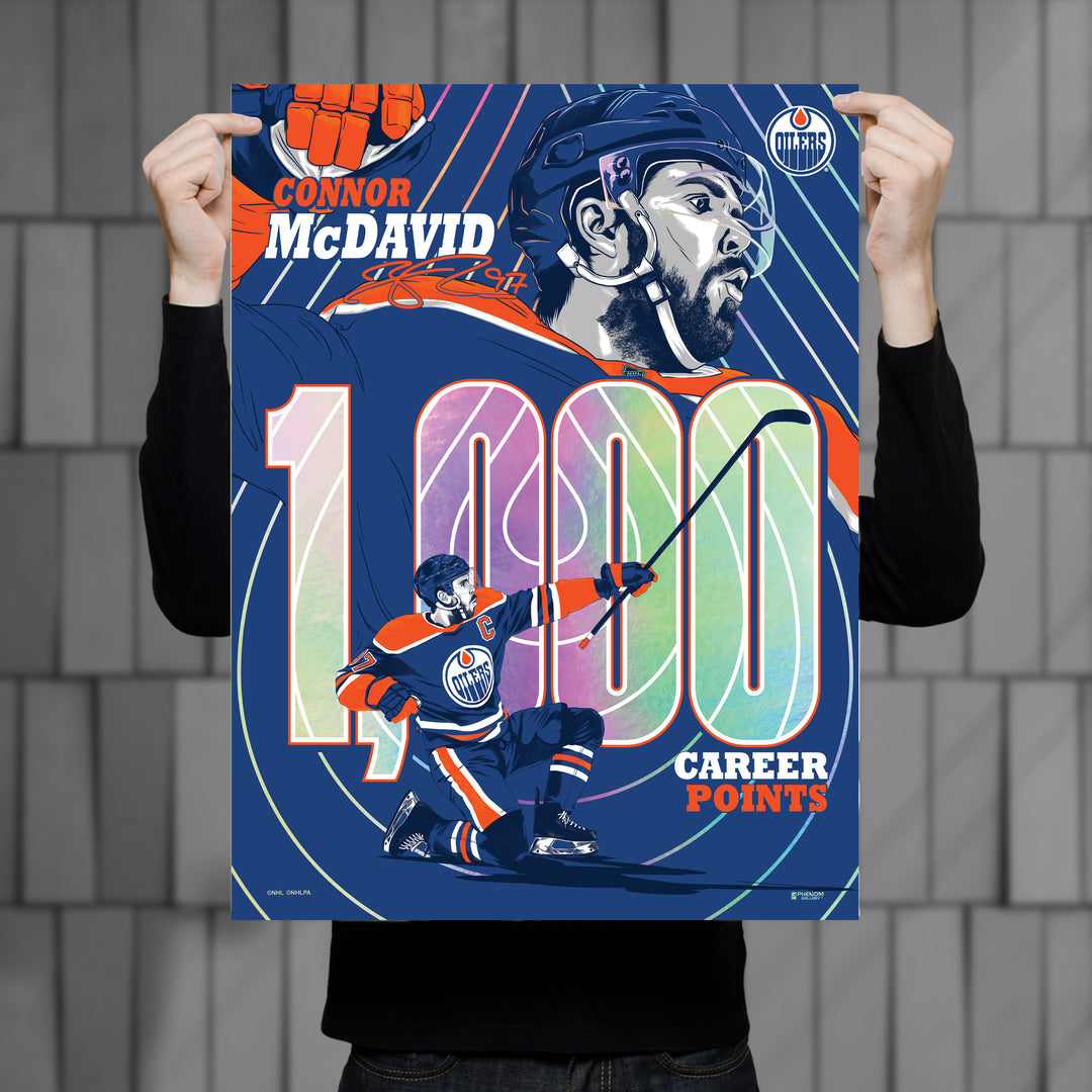 Connor McDavid Edmonton Oilers 1,000 Career NHL Points Milestone 18" x 24" Foil Serigraph Print PRINTER PROOF /55