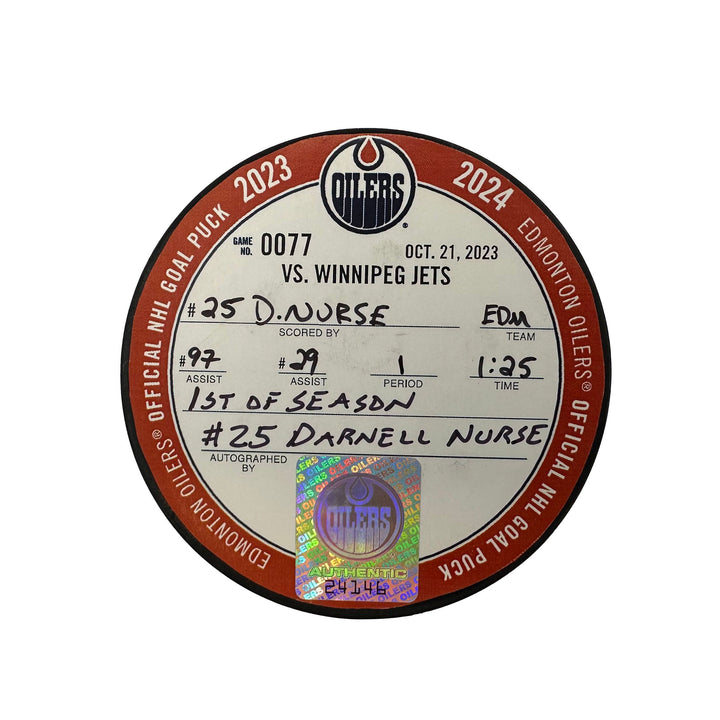 Darnell Nurse Edmonton Oilers Autographed Goal Puck - Oct. 21/2023 vs Winnipeg Jets #24146