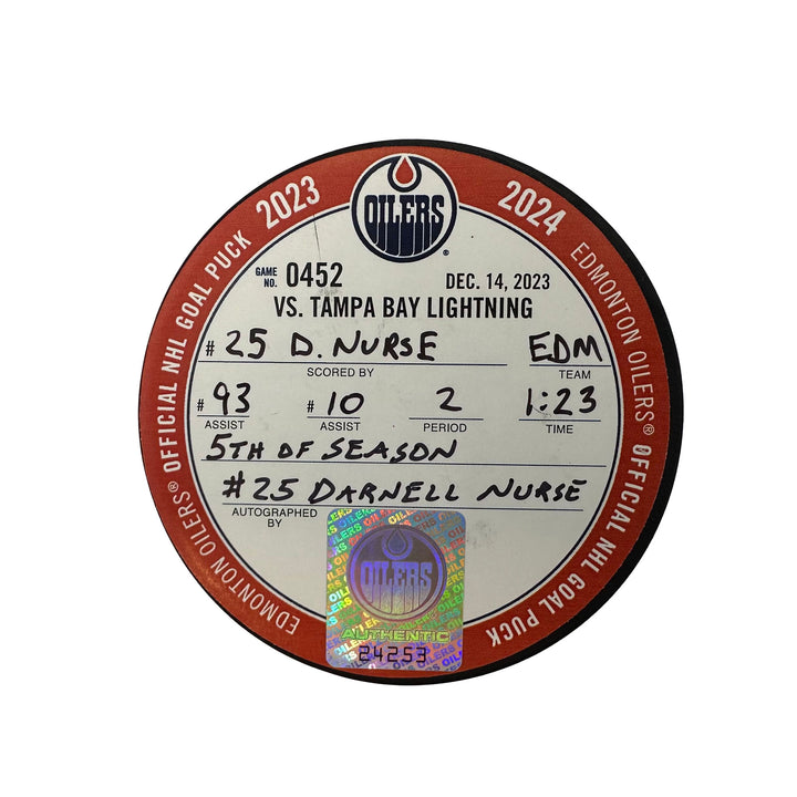 Darnell Nurse Edmonton Oilers Autographed Goal Puck - Dec. 14/2023 vs Tampa Bay Lightning #24253