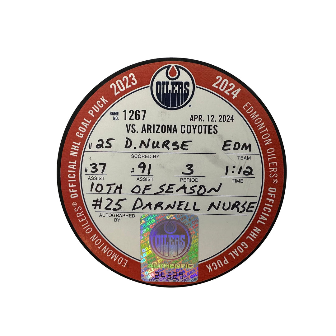 Darnell Nurse Edmonton Oilers Autographed Goal Puck - Apr. 12/2024 vs Arizona Coyotes #24529