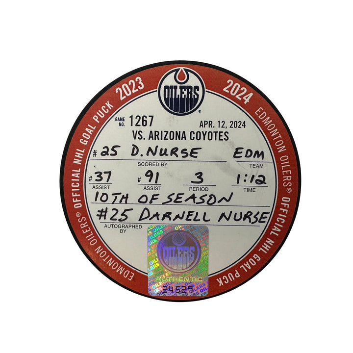 Darnell Nurse Edmonton Oilers Autographed Goal Puck - Apr. 12/2024 vs Arizona Coyotes #24529