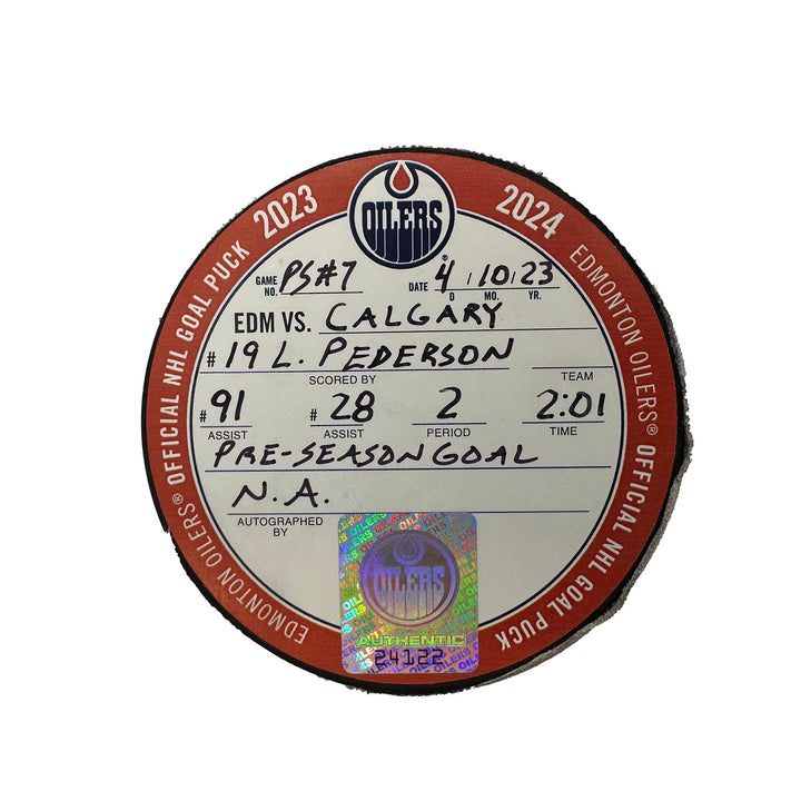 Lane Pederson Edmonton Oilers Preseason Goal Puck - Oct. 4/2023 vs Calgary Flames #24122