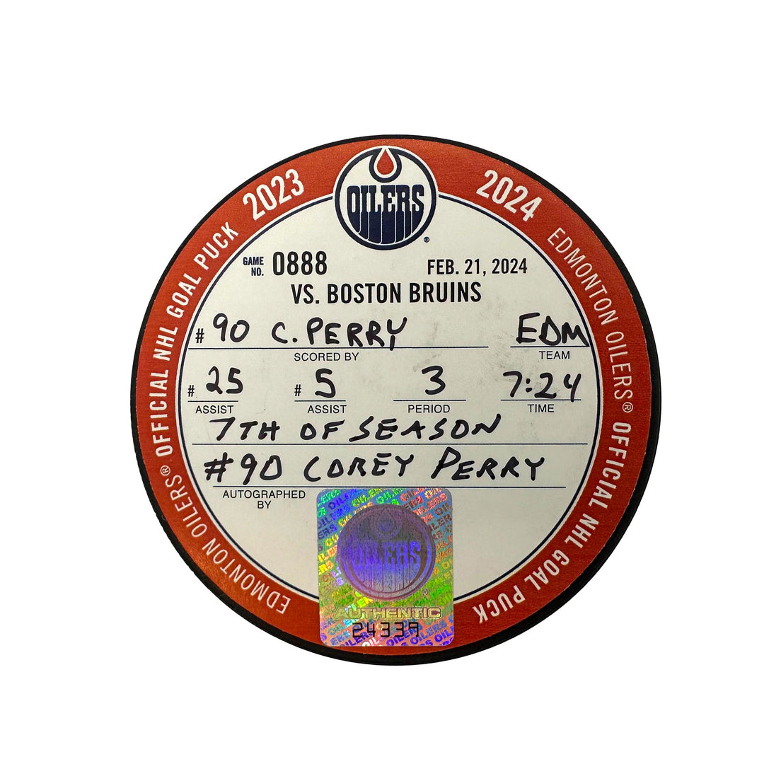 Corey Perry Edmonton Oilers Autographed Goal Puck - Feb. 21/2024 vs Boston Bruins #24339