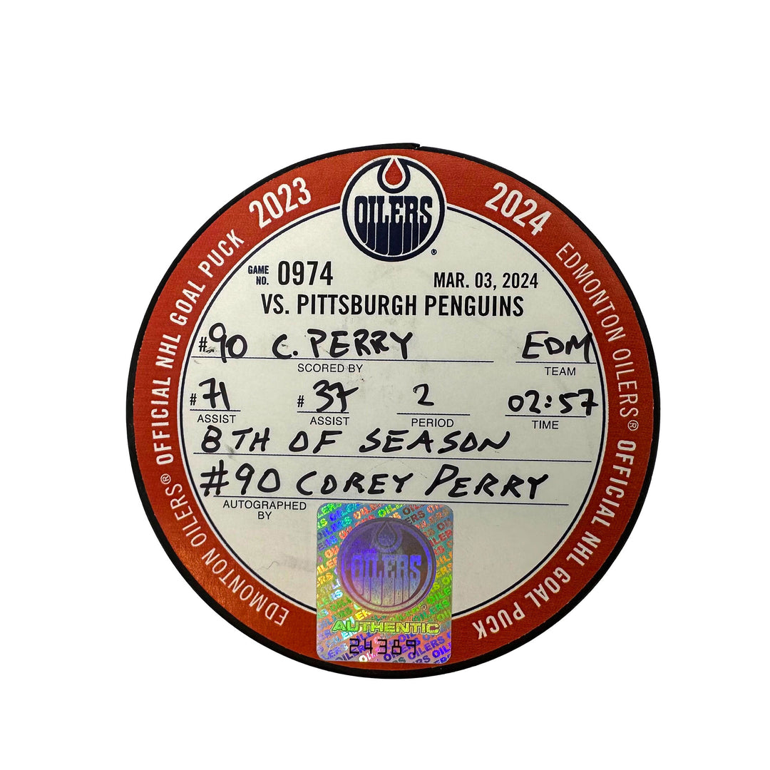 Corey Perry Edmonton Oilers Autographed Goal Puck - Mar. 3/2024 vs Pittsburgh Penguins #24389