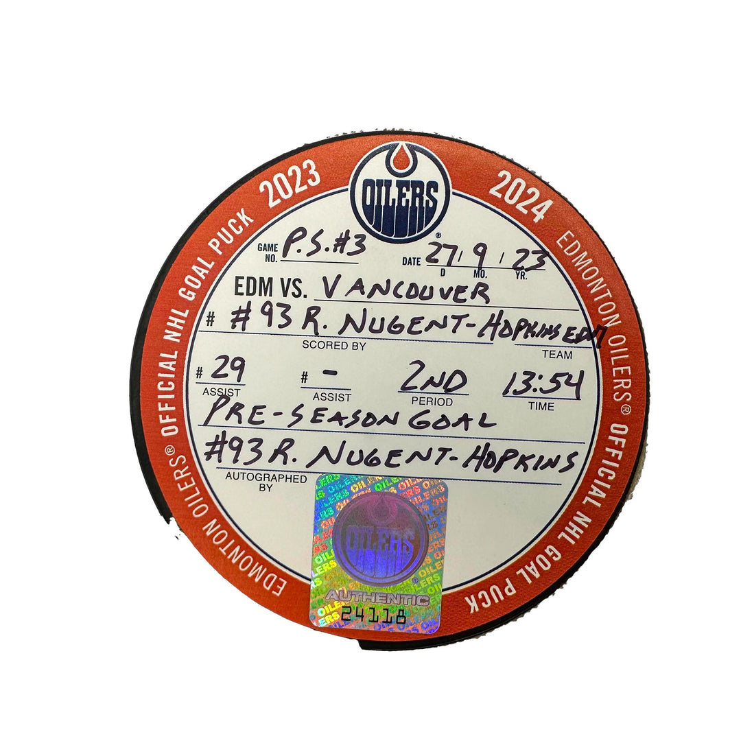 Ryan Nugent-Hopkins Edmonton Oilers Autographed Preseason Goal Puck - Sept. 27/2023 vs Vancouver Canucks #24118