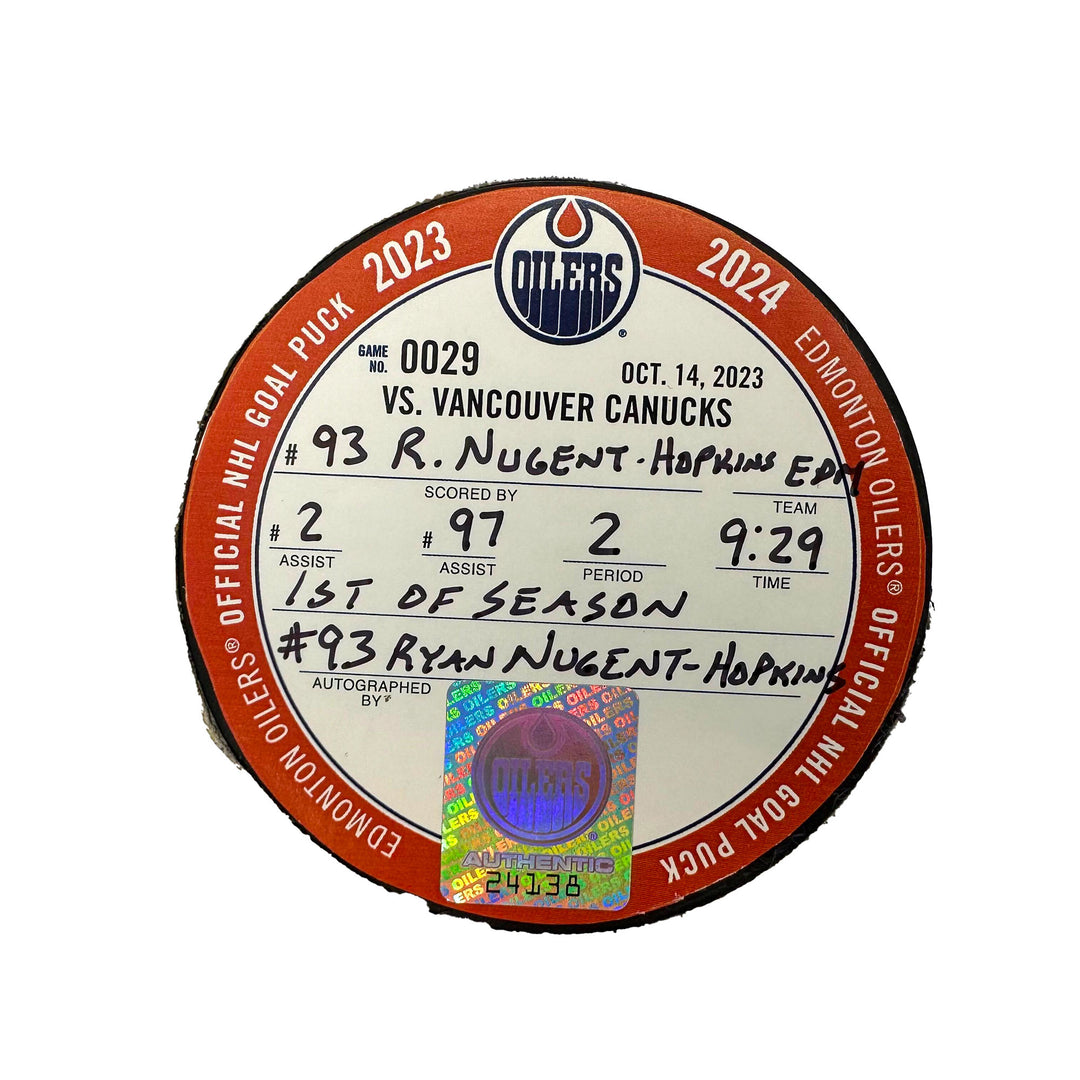 Ryan Nugent-Hopkins Edmonton Oilers Autographed Goal Puck - Oct. 14/2023 vs Vancouver Canucks #24138