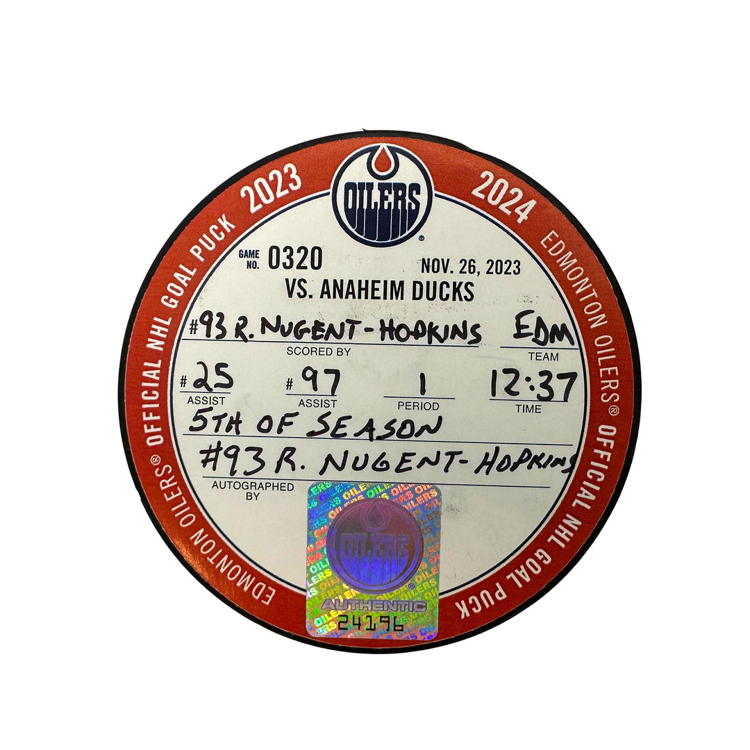 Ryan Nugent-Hopkins Edmonton Oilers Autographed Goal Puck - Nov. 26/2023 vs Anaheim Ducks #24196