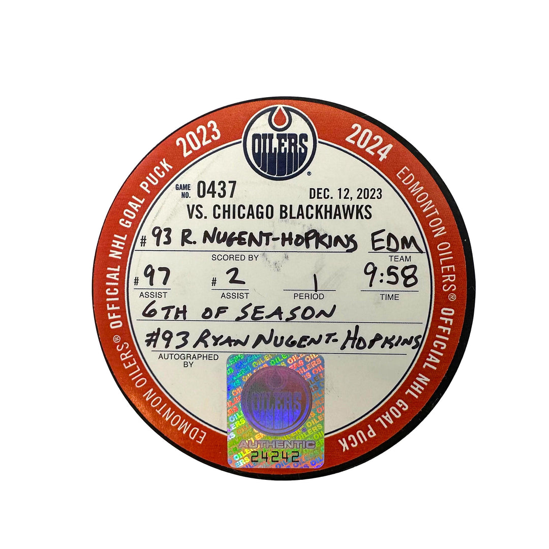 Ryan Nugent-Hopkins Edmonton Oilers Autographed Goal Puck - Dec. 12/2023 vs Chicago Blackhawks #24242