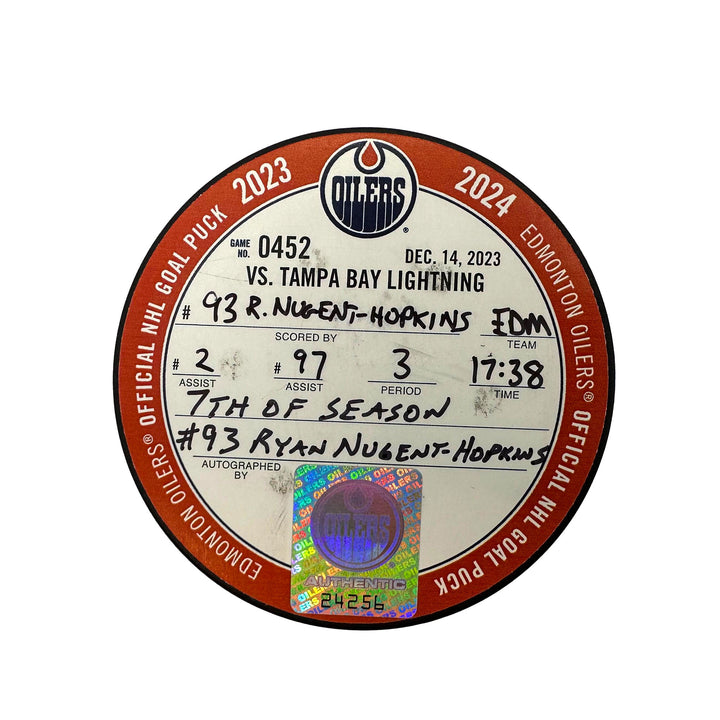 Ryan Nugent-Hopkins Edmonton Oilers Autographed Goal Puck - Dec. 14/2023 vs Tampa Bay Lightning #24256