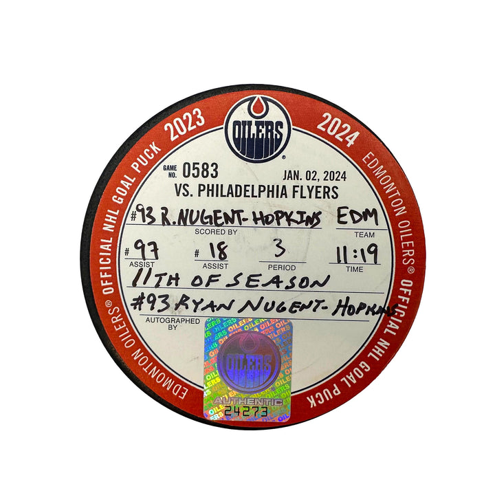 Ryan Nugent-Hopkins Edmonton Oilers Autographed Goal Puck - Jan. 2/2024 vs Philadelphia Flyers #24273