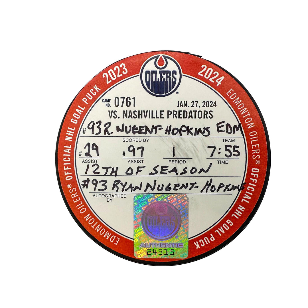 Ryan Nugent-Hopkins Edmonton Oilers Autographed Goal Puck - Jan. 27/2024 vs Nashville Predators #24315