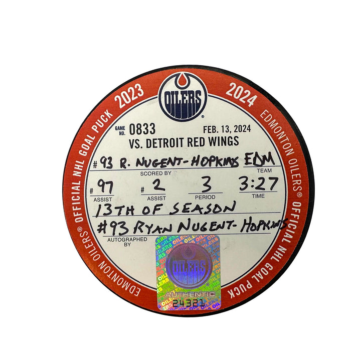 Ryan Nugent-Hopkins Edmonton Oilers Autographed Goal Puck - Feb. 13/2024 vs Detroit Red Wings #24321