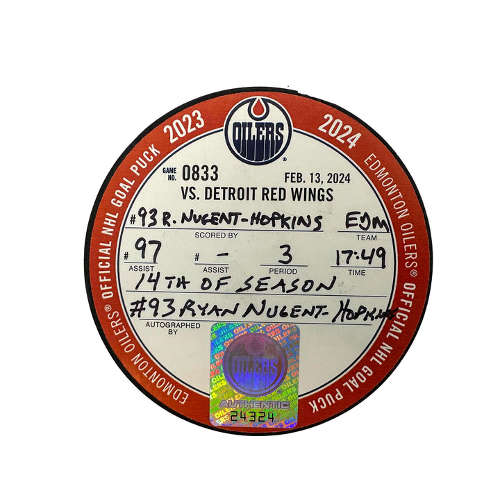 Ryan Nugent-Hopkins Edmonton Oilers Autographed Goal Puck - Feb. 13/2024 vs Detroit Red Wings #24324