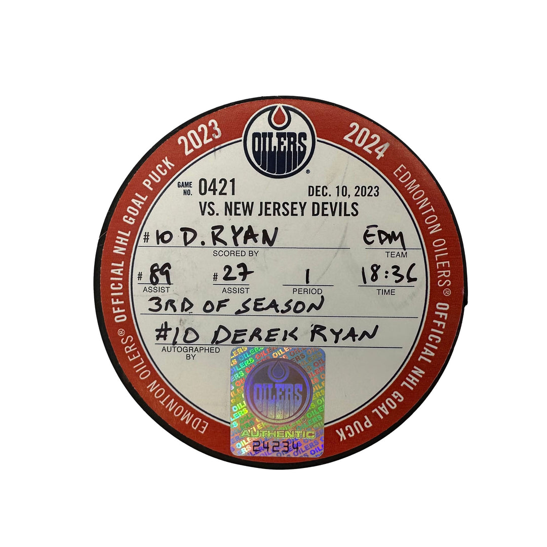 Derek Ryan Edmonton Oilers Autographed Goal Puck - Dec. 10/2023 vs New Jersey Devils #24234