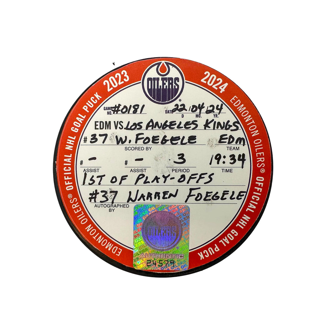 Warren Foegele Edmonton Oilers Autographed Playoff Goal Puck - Apr. 22/2024 vs Los Angeles Kings #24579