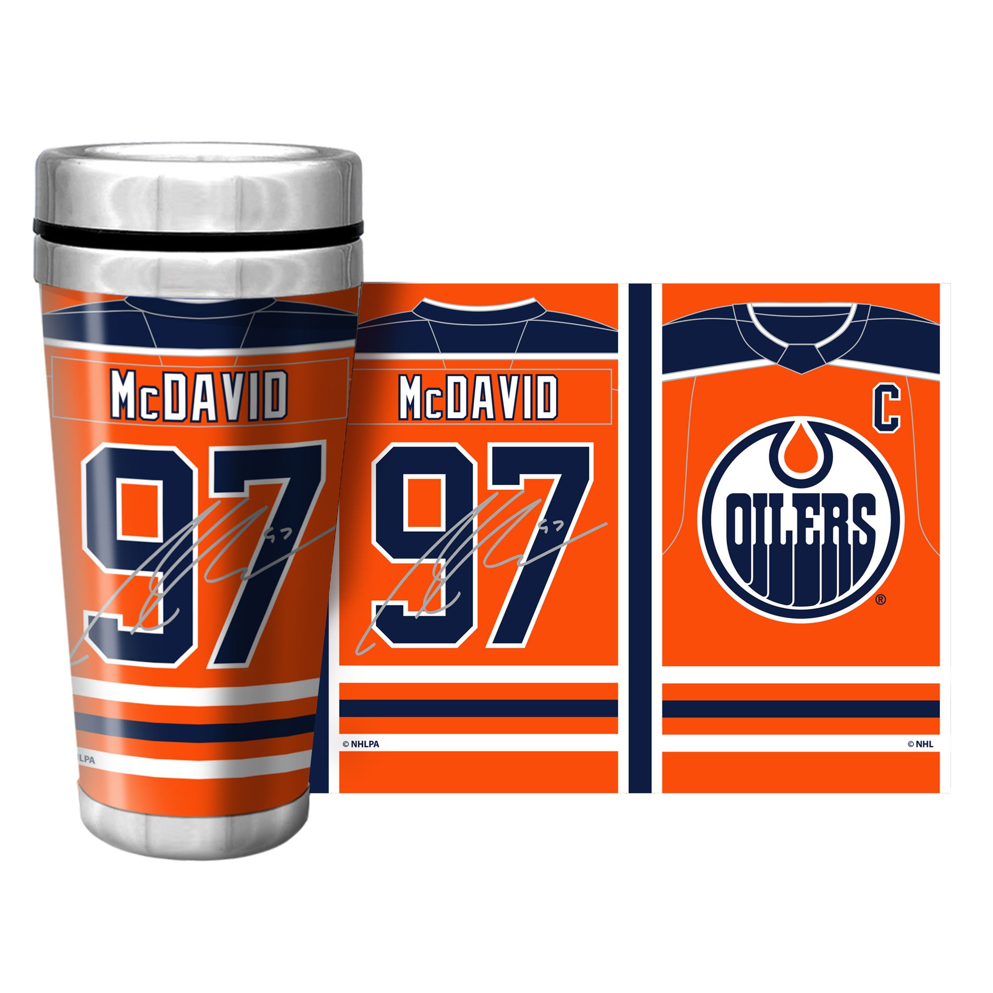 Connor McDavid Edmonton Oilers Orange Home Jersey 16oz Travel Mug